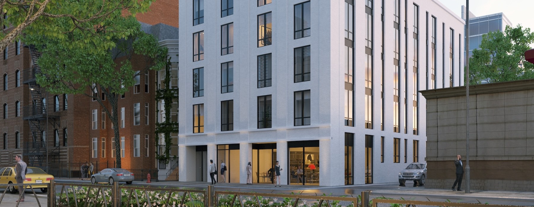 a building with a fence in front