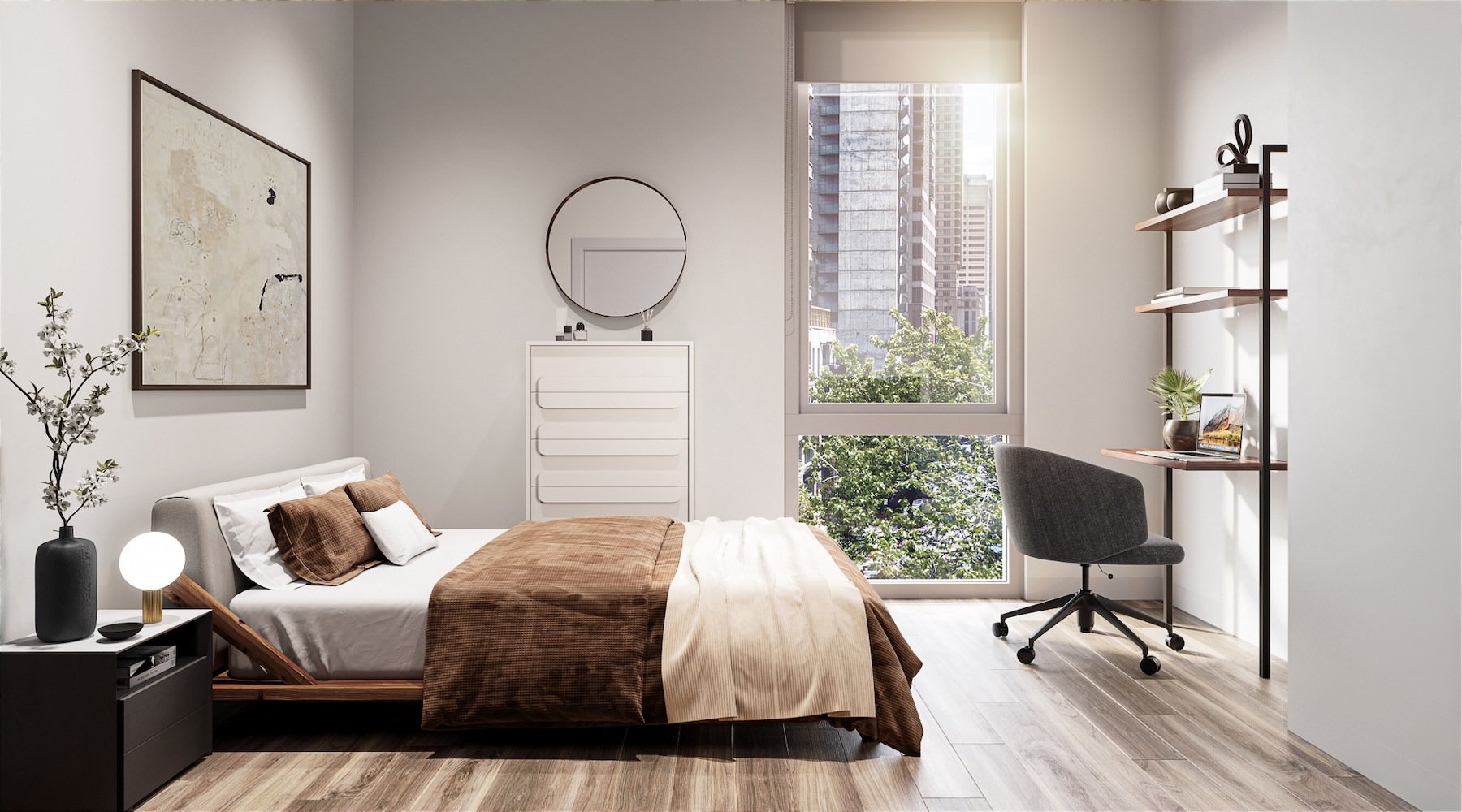 a bedroom with a bed, desk and a chair